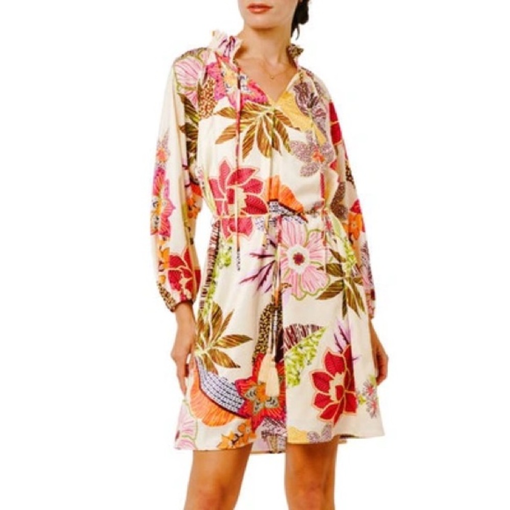 Small Ciebon Floral Tropical Mini Dress Pockets Drea Long Sleeve Vacation Chic